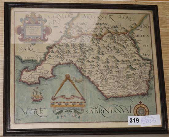 17th century English School Map of Glamorgan 30 x 36cm.